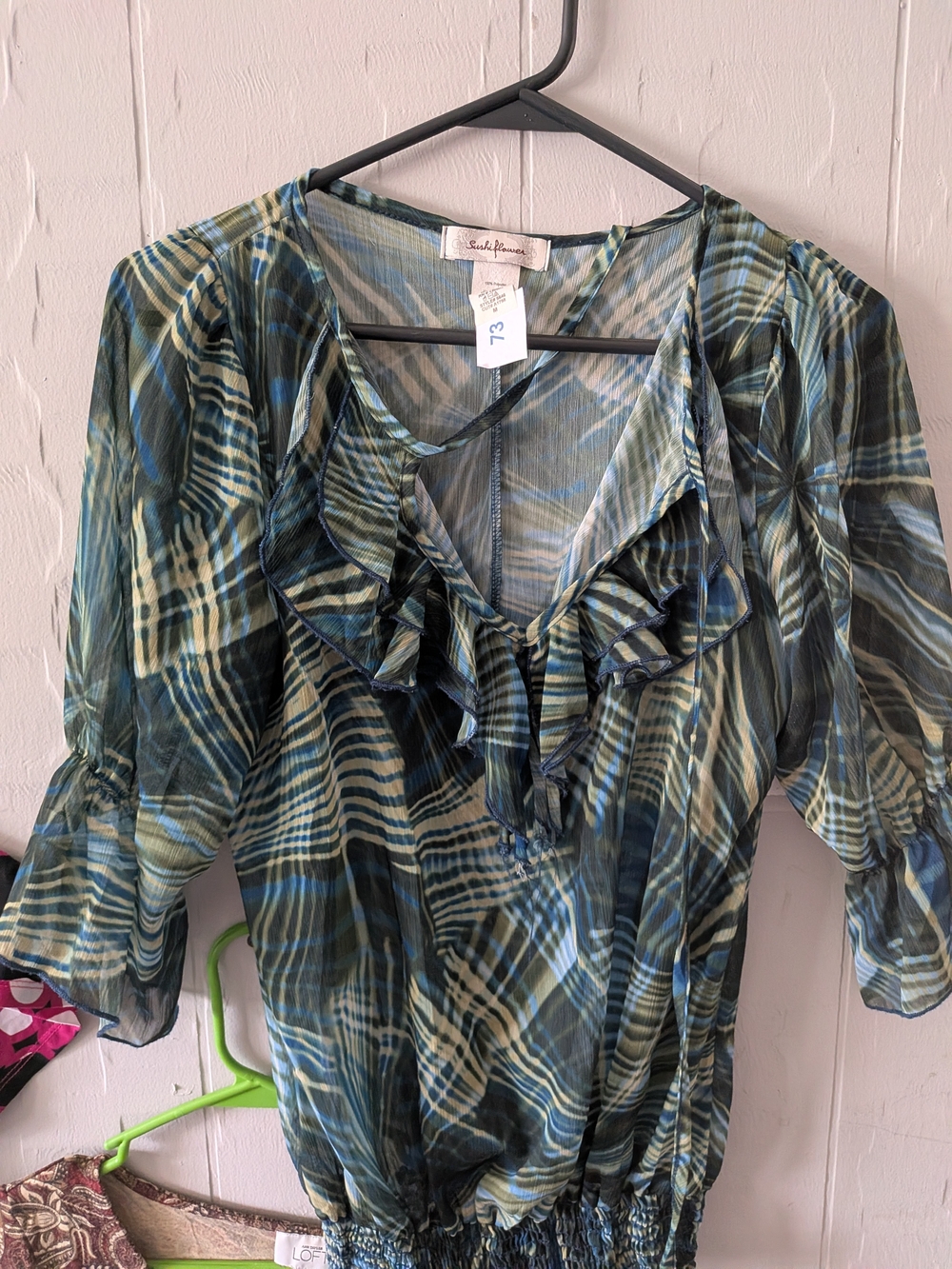Ruffled V-Neck Blouse in Blue-Green Plaid